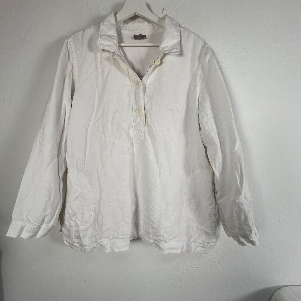 J. Jill Womens White Long Sleeve Linen Button-Front Shirt Large Pullover Casual